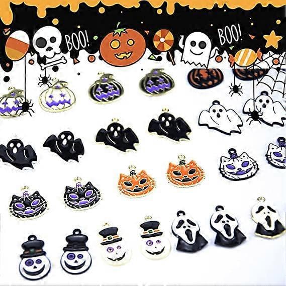 20-pak Halloween Charm Vedhæng Assorterede Forgyldte Sorte Emalje Græskar Spøgelser, Tilfældige Stilarter