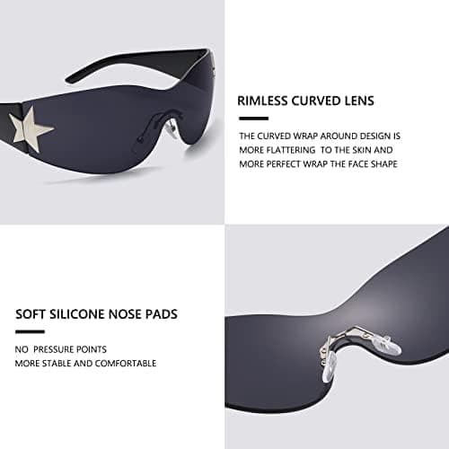 Kantløse Y2K solbriller til kvinder mænd omsluttende modesolbriller overdimensionerede kantløse trendy solbriller sort stel / sorte linser black frame / black lens