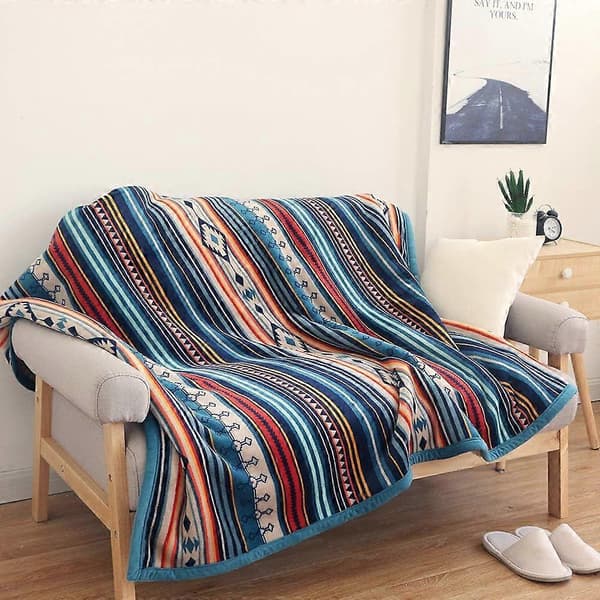 Ternet fleecetæppe 125x150 cm, blødt og hyggeligt tykt flaneltæppe, vendbart blåt tæppe og ternet