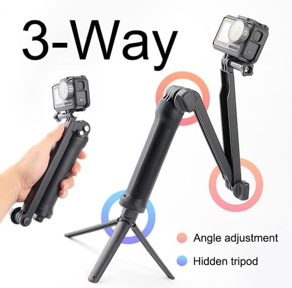 REFLEX CAMERA 3-vägs vikbar selfiestick-stativ för Go Pro Hero 13-5 DJI Osmo Action – Utdragbar arm, dolt stativ, stabiliserande grepp, Ac