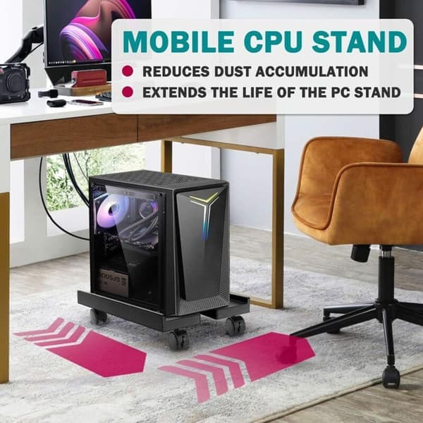 Justerbart PC-stativ under skrivebord 20-30 cm - Maksimal belastning 30 kg - 4 drejelige ABS-hjul - Optimal ventilation til CPU