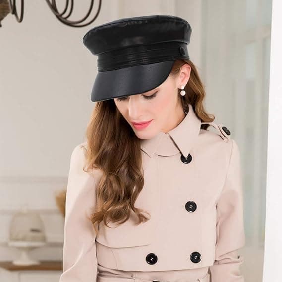 Damernas mode Newsboy Cap PU Läder Cabbie Sailor Fiddler Bakerb