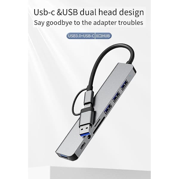 USB-dokkingstasjon, 8-i-1-hub, med PD100W, SD/TF, Audio 3.5, 4 USB-porter, for bærbare datamaskiner, T
