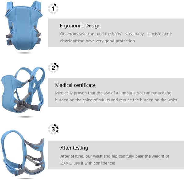 3-i-1 Justerbar Bæresele – Front- & Rygbæring – Åndbart Ergonomisk Design – Nyfødt til Småbørn – Blå