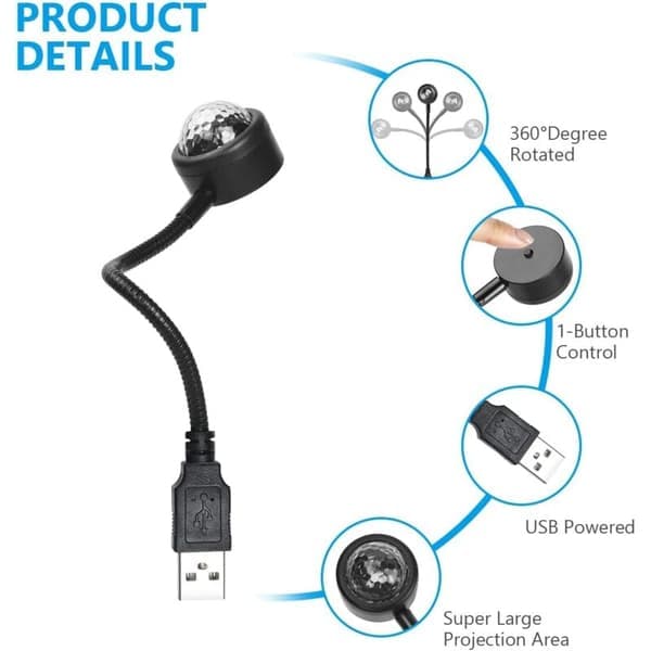 USB Billoftslampe, Mini Romantisk Indvendig Billampe med LED USB og 3 Farver og 9 Justerbare Tilstande