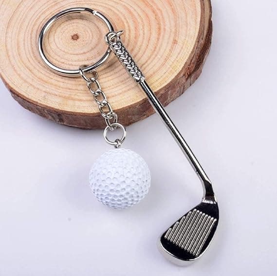 Golf nøglering med golfkøller og golfbolde golfgave/gaveideer Golf Master nøglering, sølv, køllelængde 8 cm, bredde 2,5 cm hvid