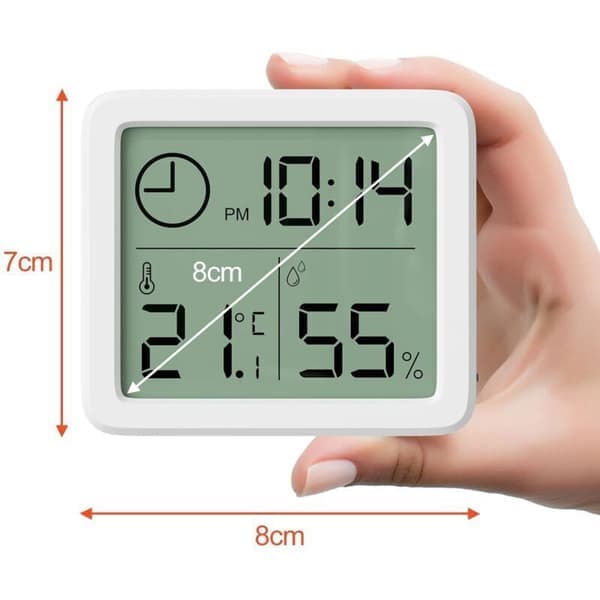Mini digitalt indendørs termometer. Professionelt bærbart hygrometer med stort display og ur. Nøjagtigt hvidt termometer. Hygrometer
