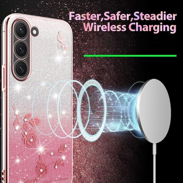 Samsung Galaxy S23 5G-deksel med glitrende blomster i gradient, alt-i-ett rosa Rosa