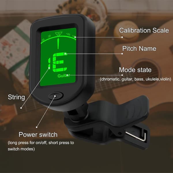 Stämapparat för Gitarr Ukulele Bas Violin Clip-on Stämapparat med Gitarrstämmare, Ukulele, Tolv Flytande Temperament