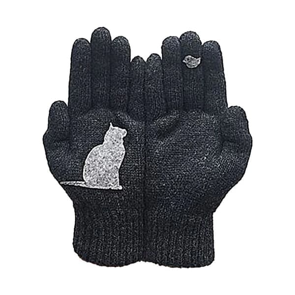 Bomuldshandsker med kattemønster, handsker med katte- og fugleprint, søde lyserøde enkle vanter. sort black