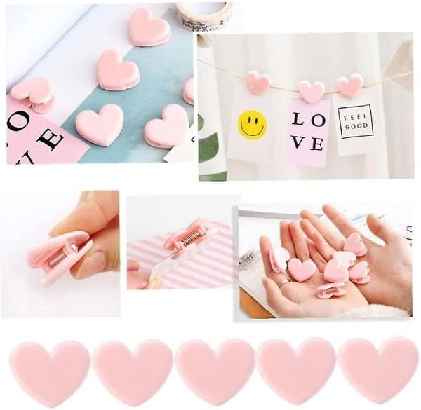 10 stk søte rosa hjerteformede memoklips fotoklips plastmappeklips binders