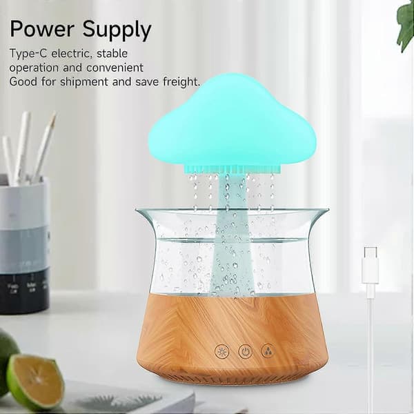 Skyregn luftfukter, fargerik regndråpe aroma diffuser luftfuktere med 7 fargeskiftende lys skrivebordsfontene vanndråpelyd (tre)