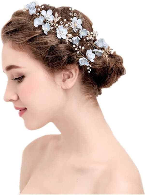 Bryllupshårkam Perle Krystall Dekor Klips Nål Rhinestone Blomst Bryllupshårtilbehør for Brud Brudepike Blå
