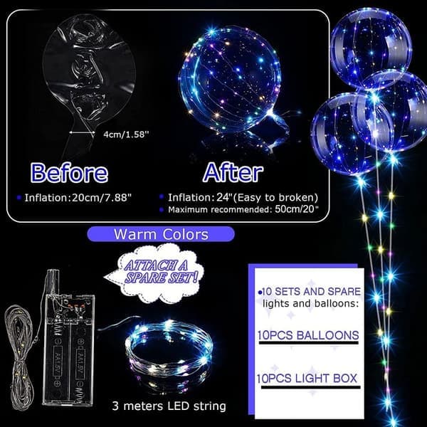 10 stk. lysende balloner, 24 tommer LED farverige Bobo heliumballoner,