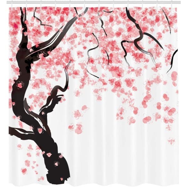 Blomstret badeforhæng, 180 cm x 200 cm, Pink Sort, Kirsebærblomst