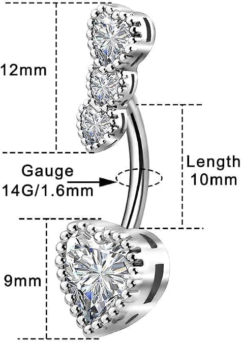 14G Navlepiercing, Hjerteformede Navlepiercinger, Klare Glitrende CZ 316L Stål