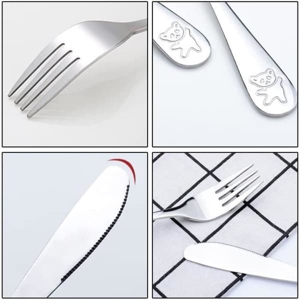 (Sølv) Børnebestik - Sølv - 6 Dele - Rustfrit Stål - 2 Skeer - 2 Gafler - 2 Knive Penge