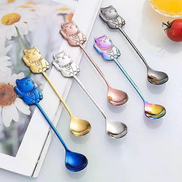 Kaffeeske i rustfrit stål Sød Lucky Cat-form Teske Dessert Snack Scoop Is Mini Skeer Cool Sort Cool Black