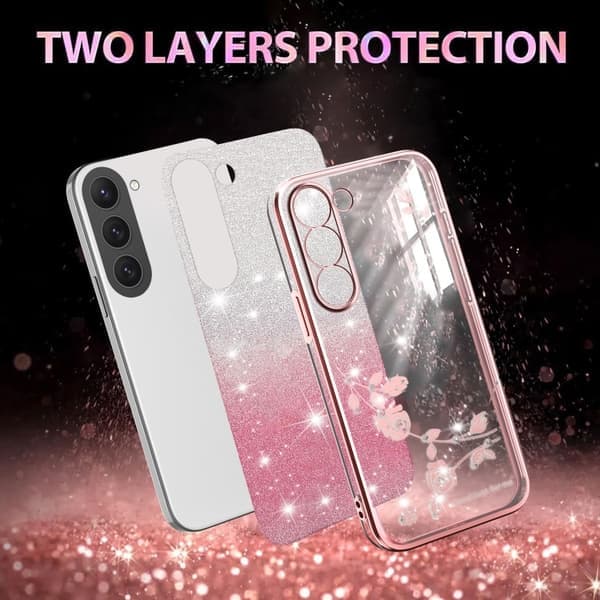 Samsung Galaxy S23 5G-deksel med glitrende blomster i gradient, alt-i-ett rosa Rosa