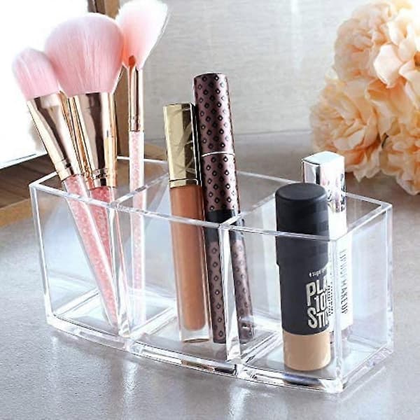 Klar akryl makeupbørste-organizer Eyeliner-displayholder Kosmetisk opbevaring med 3 rum