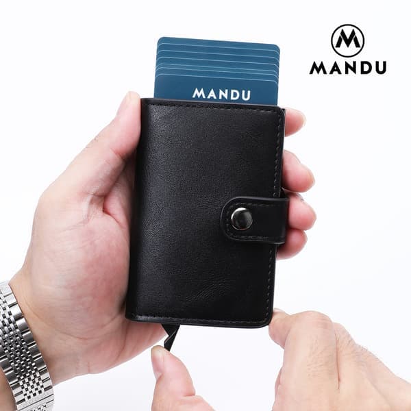 Sort - RFID NFC Beskyttelse Pung Kort Holder 5 Kort (Ægte Læder) Sort