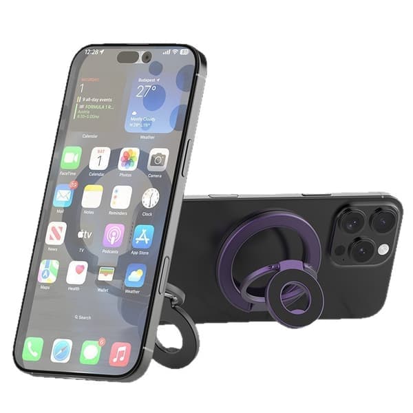 Dobbeltsidet magnetisk roterende stativ, desktop ringholder med magnetisk dobbeltring til telefon, opgraderet pasform og foldbar