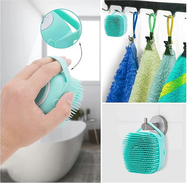 Hundebadebørste, kæledyrsmassagebørste shampoo-dispenser, bløde silikonebørster gummibørster, (blå)