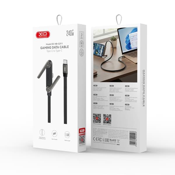 XO kabel NB-Q311 PD USB-C - USB-C 1,5m 240W sort flad med stativ