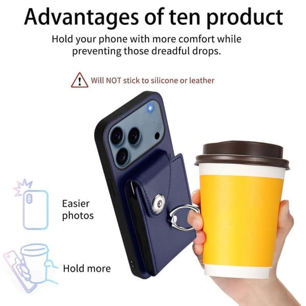 iPhone 17 Pro Cover med Kortplads og Ringholder - PU med Snor Blå Blå