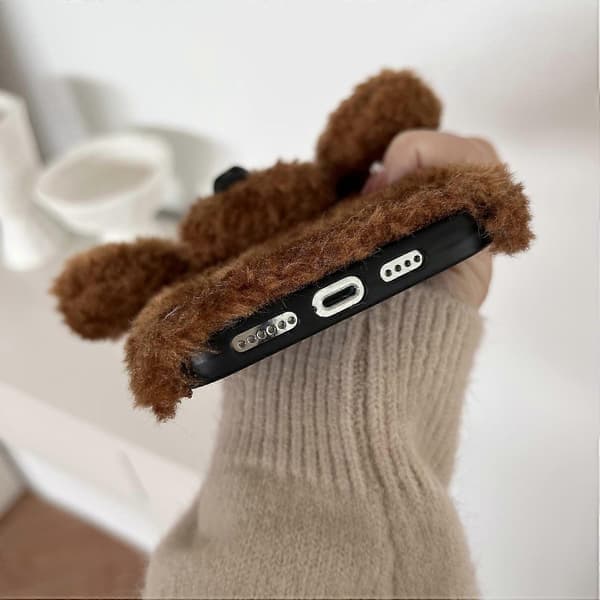 Til iPhone 15 Pro-deksel Søt Teddyhund Fluffy Mykt TPU Vintertelefondeksel - Grå