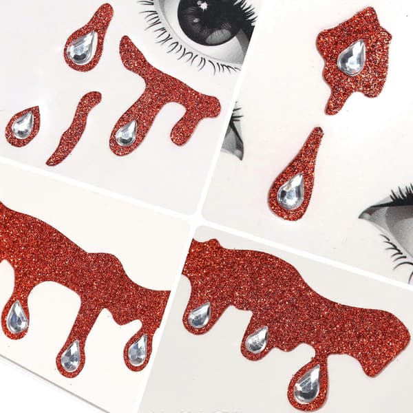 Halloween ansiktsklistremerker med rhinstein-blodflekkdesign for barn og voksne, selvklebende tatoveringer