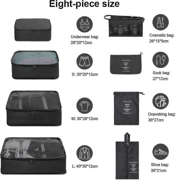 8-pack resväska organizer set - förvaringsväskor, packkuber, presenter svart Black