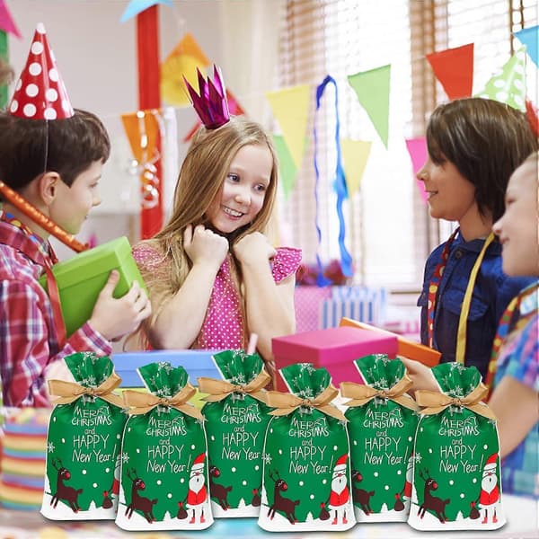 Julgodispåsar, 50 st julklappspåsar i plast med dragsko för julfester, snacksförpackningar, presenter