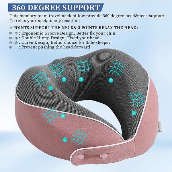 Resenackkudde Uppgraderad Resenackkudde 100 ren memory foam-kudde Flygplanssovkudde Bärbara flygplanstillbehör Rosa