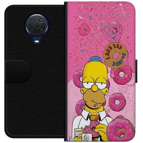 Kompatibelt pungcover til Nokia G20 Homer Simpson spiser lyserøde donuts mod en farverig baggrund lyserød