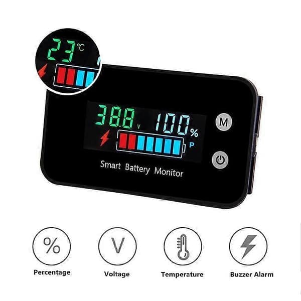 7-100V Digital Batterikapasitetstester Batterimonitor Spenning Temperatur Kretstester for Biler Båter, IPX7 Vanntett