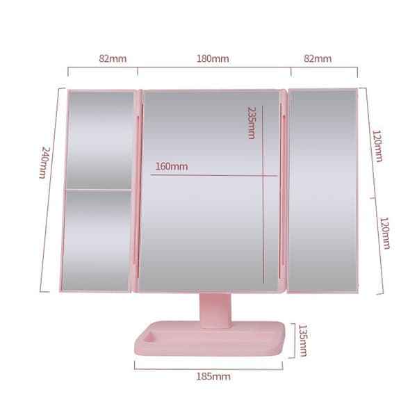 Belyst sminkspegel Minimalistisk förstorande touchkontroll Trippel LED-sminkspegel Rosa