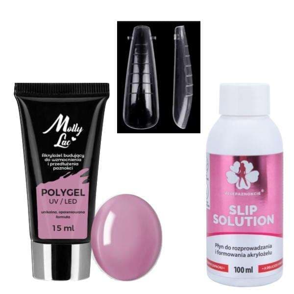 Kit Polygel Bean paste - Dualform, Form tips - Slip solution flerfärgad