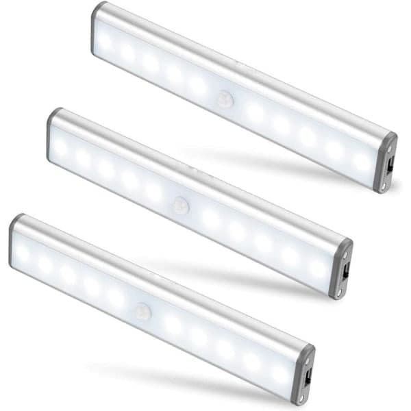 Sæt med 3 trådløse 10 LED-lys, USB-genopladelige, bærbare hvide