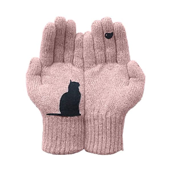 Bomuldshandsker med kattemønster, handsker med katte- og fugleprint, søde lyserøde enkle vanter. lyserød pink