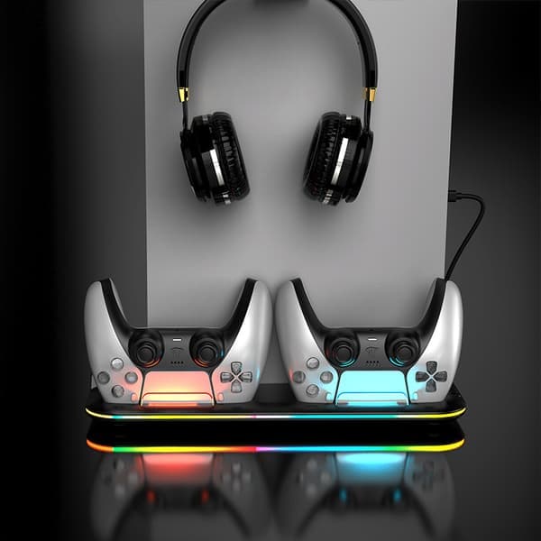 PS5-stander med kølestation og ladestation til controllere, PS5-tilbehør - Køleventilator, RGB LED, hovedtelefonholder, 6 PS5-spillepladser sort Black