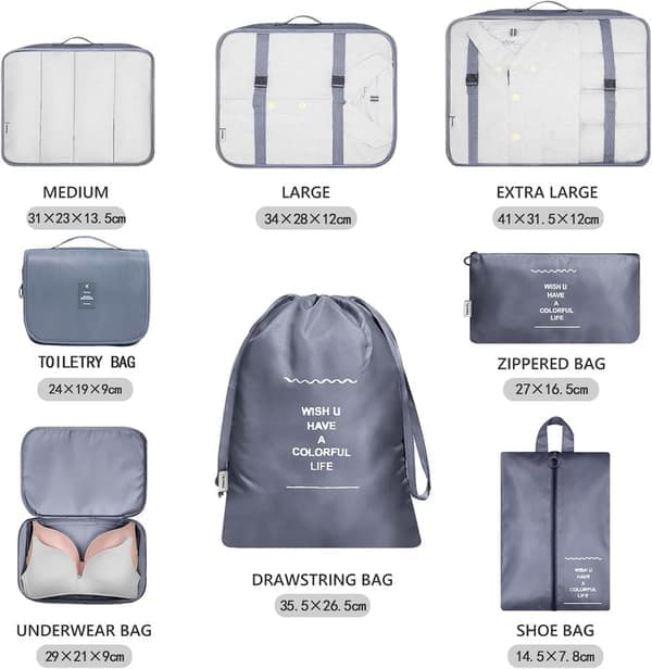 8-delade packkuber, klädpåsar, resväskaorganisatör för semester och resor, packkubset reskuber - Grå grå grey