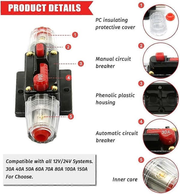 30A Nulstillelig Sikring Afbryder Bilbeskyttelse til Bil Audio System Beskyttelse 12V-24V DC