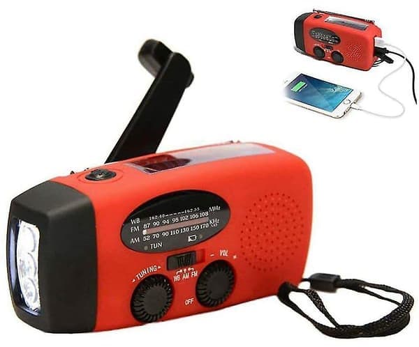 Solradio, nødradio med sveivdynamo + USB-telefonlader