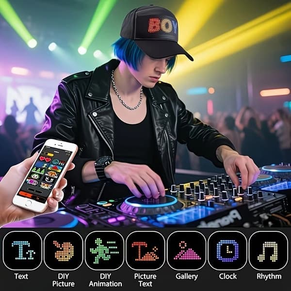 Trådløs APP-kontrol LED-displayhat Genopladelig Fuld Farve Programmerbar Rullende Tekst Lysende Kasket til Fest Koncert Halloween Julegave