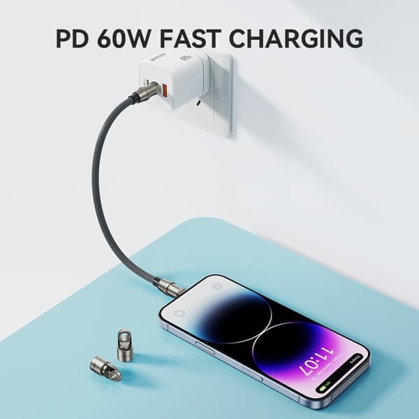 60W hurtiglading 30 cm kabel med armstropp for Samsung, iPhone 15/16/17 Svart