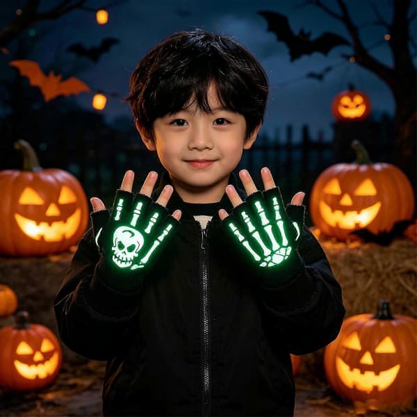 Børns selvlysende handsker med skelet hænder og kranie design til Halloween