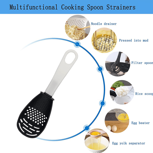 Multifunktionel kogeske, hulske, dørslag, rivejern, kartoffelmoser, non-stick, giftfri, sort