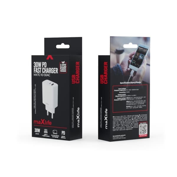 30W Hurtigoplader til iPhone / Samsung PD, QC Dual Port USB-C Hvid