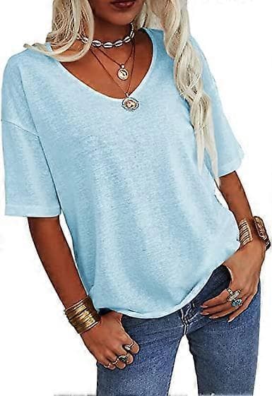 Dammode V-ringad halvärmad oversized T-shirt Enfärgad Casual Lös Basic Topp